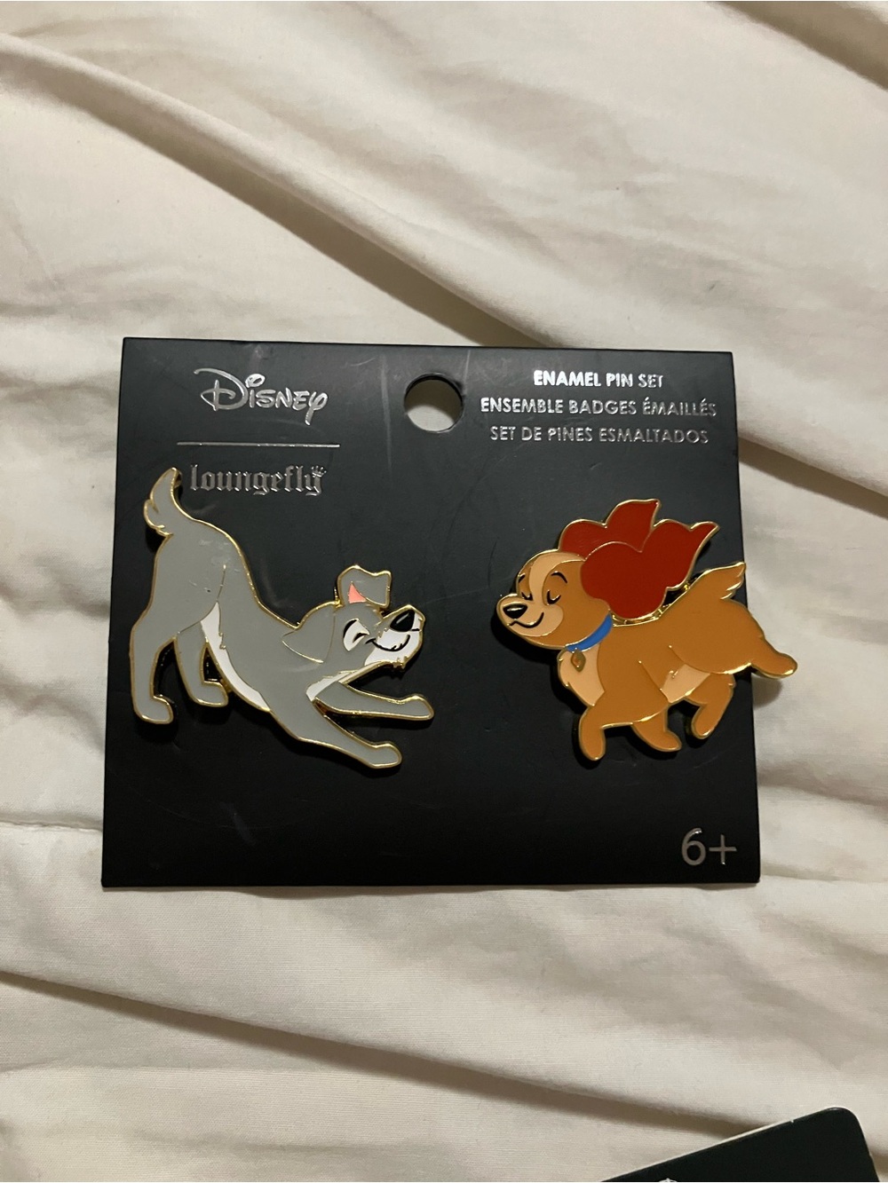 Loungefly Lady & Tramp Enamel Pin Duo - Gray & Tan with Red Accent